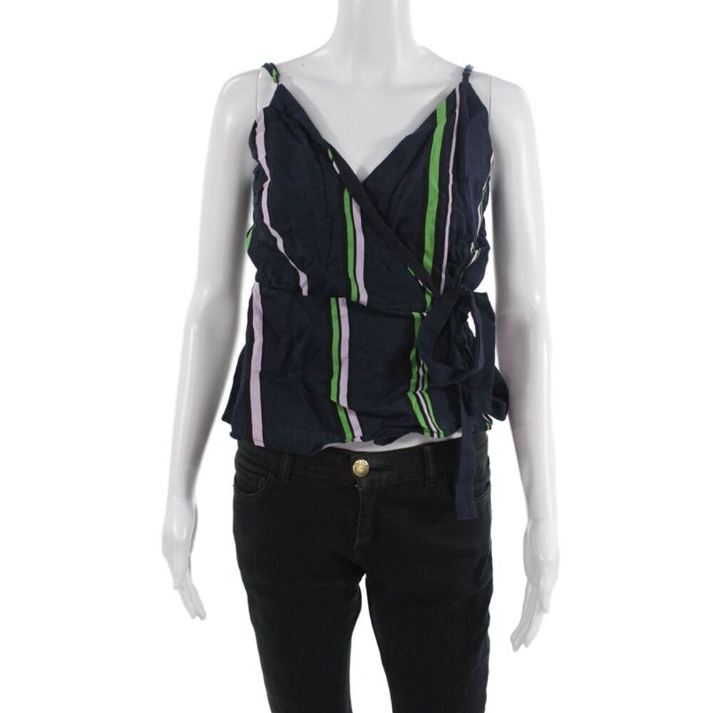 Decker Women Camisole Dark Blue Striped V-Neck Sleeveless Boho Size S